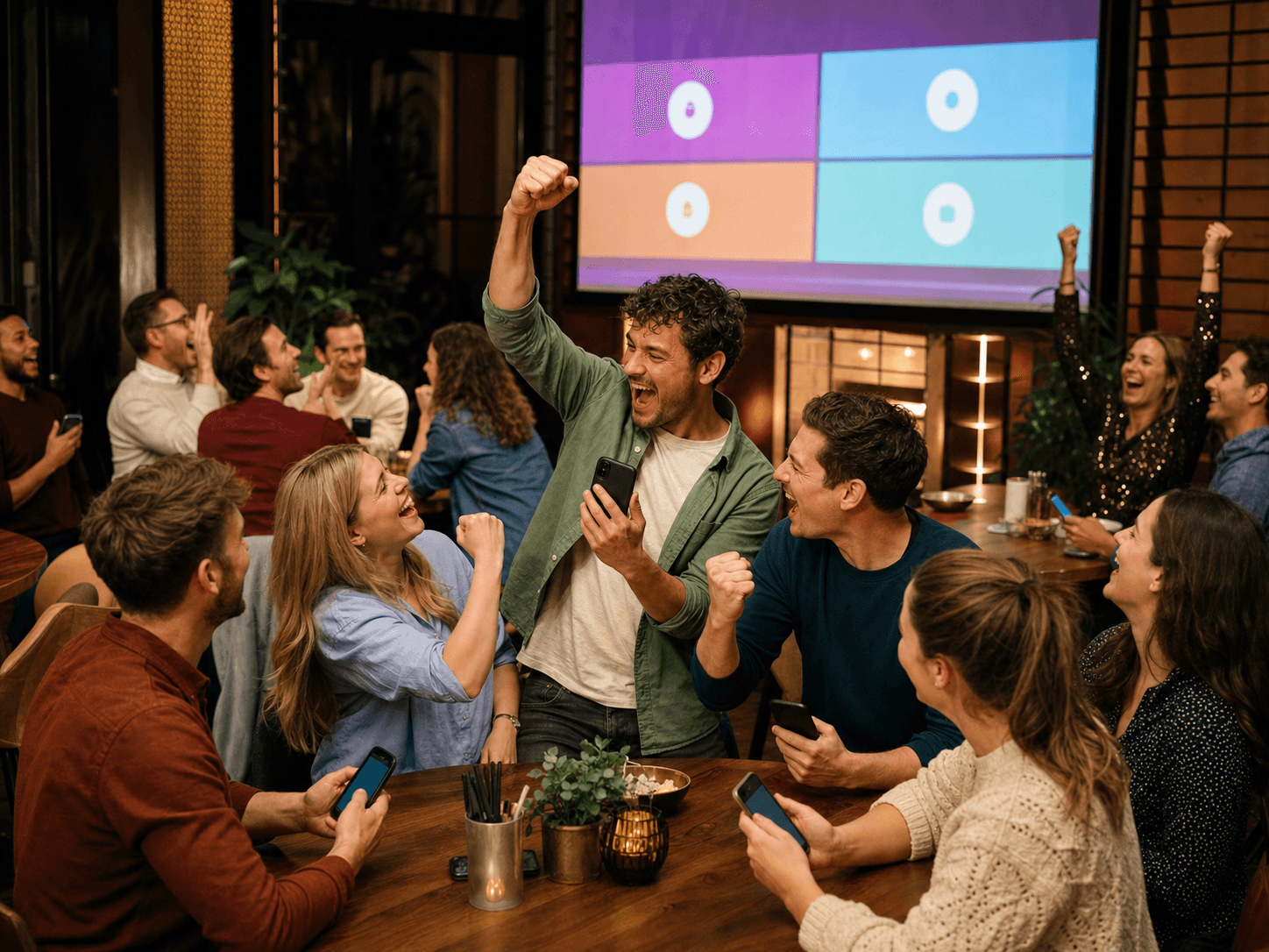 Team viert een goed antwoord tijdens een live pubquiz