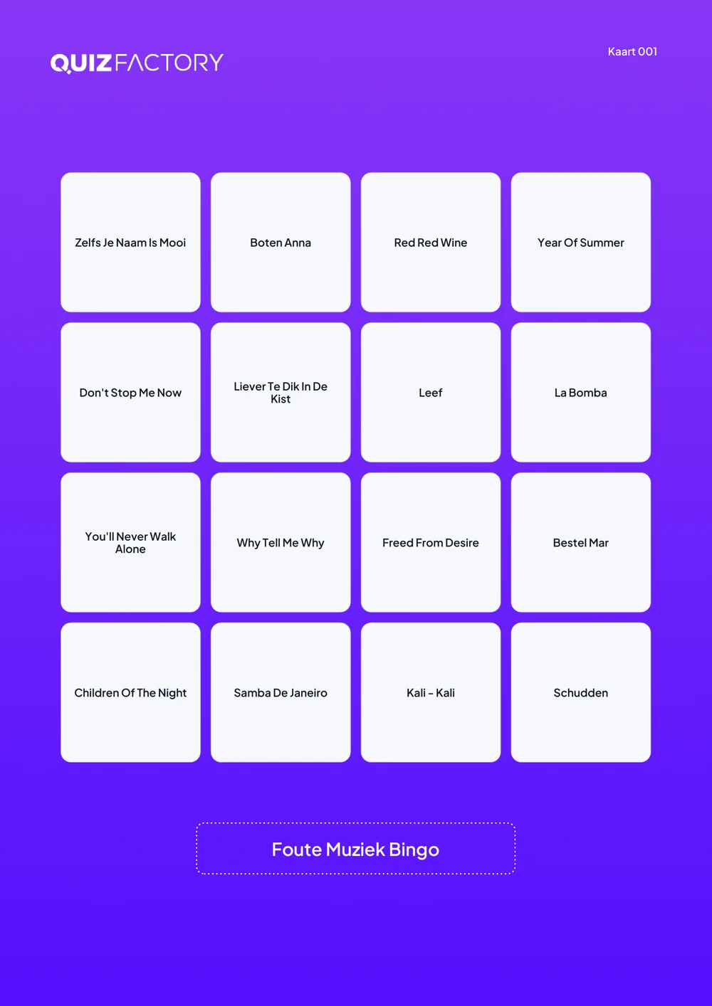 Volledige bingokaart van Guilty Pleasures Music Bingo