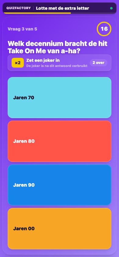 Echt Quizfactory-spelerscherm met antwoorden en joker